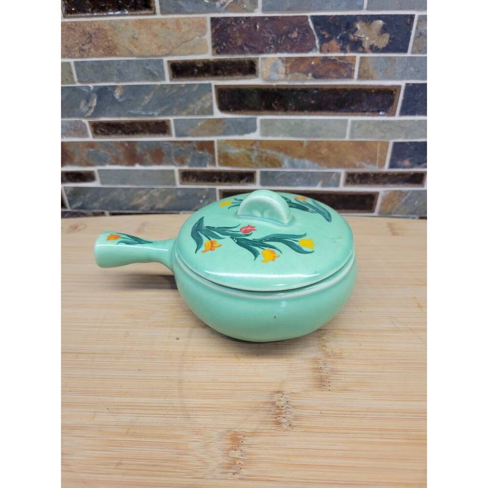 Vintage Casserole Individual Cronin Pottery Green Tulip & Lid